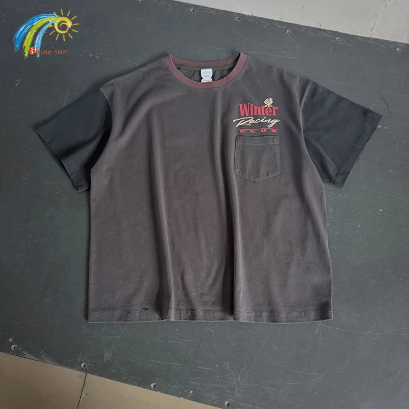 Racing Style Splicing Seeves Oversized Brown T Shirt Men Women Best Quality Cotton Vintage Damaged Hole Protocol Index T-Shirt