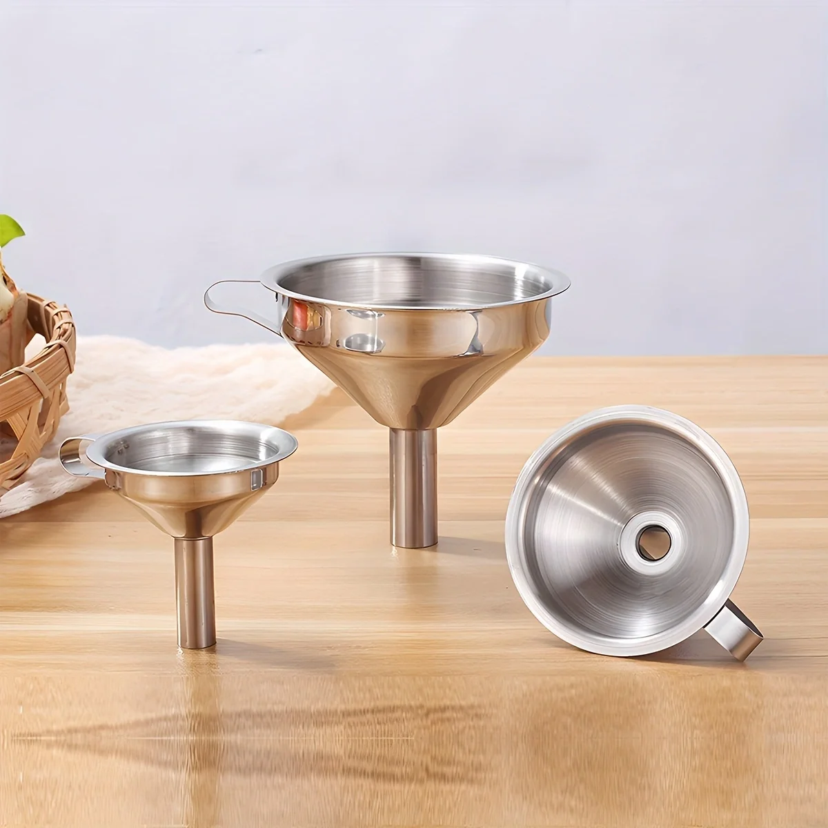 Stainless steel funnel set, including large funnel, small funnel, and filter gasket