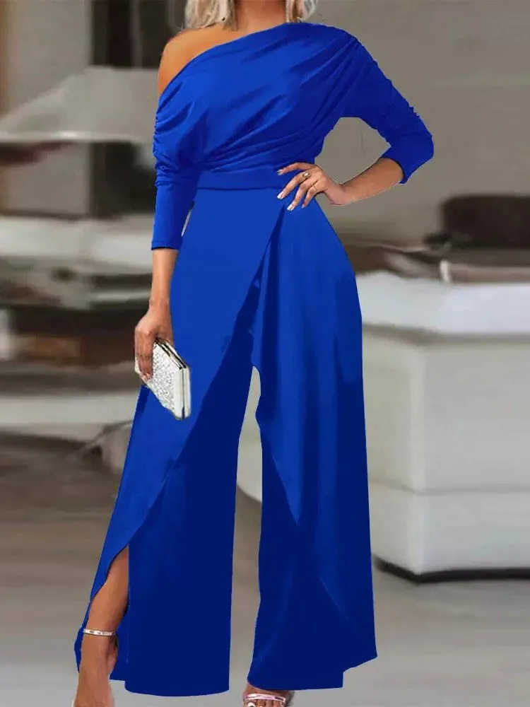 Women Solid Off Shoulder Long Sleeve Ruched Jumpsuit High Waist Split Wide Leg Romper Elegant Cocktail Party Evening Outfit