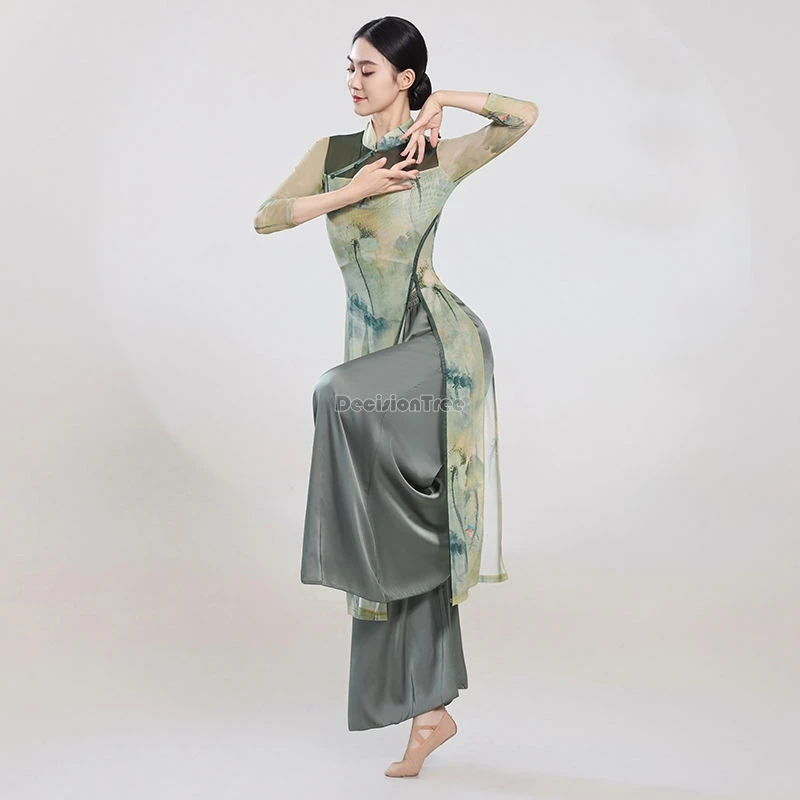 

Классическое танцевальное платье Cheongsam 2021, женское эластичное марлевое платье с принтом в китайском стиле, тренировочное платье, костюм для выступлений b296