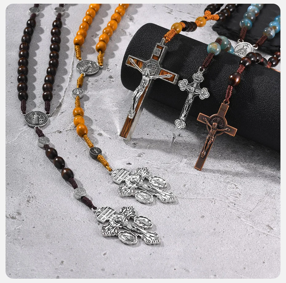 Vnox Herren-Rosenkranz-Halskette, Verzeihungs-Kreuz mit St. Benedikt und Jungfrau Maria, Holzimitierte Achatperlen, Y-förmiger katholischer religiöser Schmuck – Detail 7