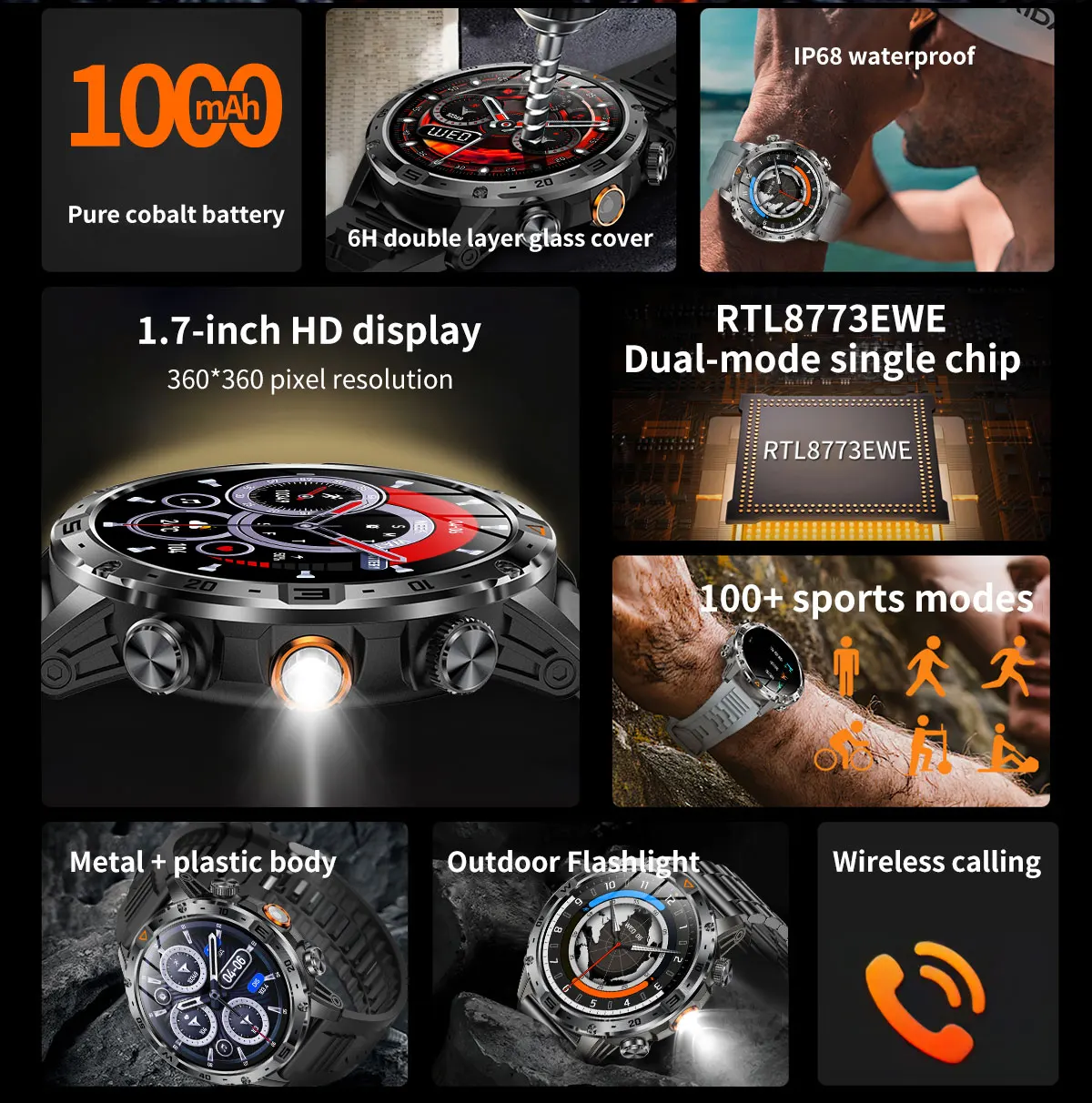DAORKOW New Military SmartWatch 1000Mah Battery Fitness Tracking LED Flashlight Heart Rate BT Calling Waterproof Sport Watch Men