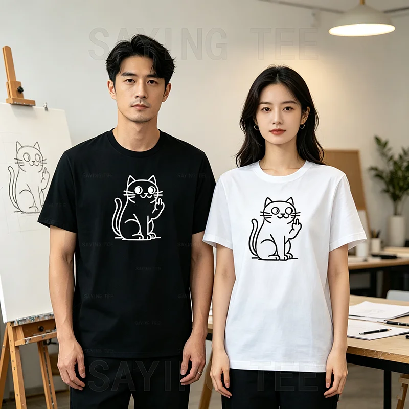 Lustige Katze für Frauen, für Männer: Katzen-T-Shirt mit abgezeigtem Mittelfinger Y2k Gruhige Katze Comic-Grafik Kleidung Weiches Baumwoll-T-Shirt – Detail 5