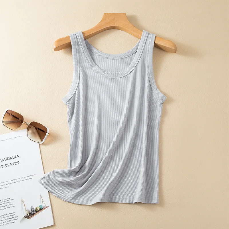 Slim Fit Thread Strap Vest Women's Sleeveless Inner Wear Base Shirt Pure Color Anti Light Conceal Side Breast Large Size Oute...