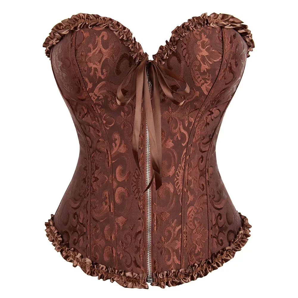 Pink Corset Top Bustier Zipper Sexy Women\'s Plus Size Overbust Corselet Lace up Floral Gothic Brocade Vintage Fashion Medieval