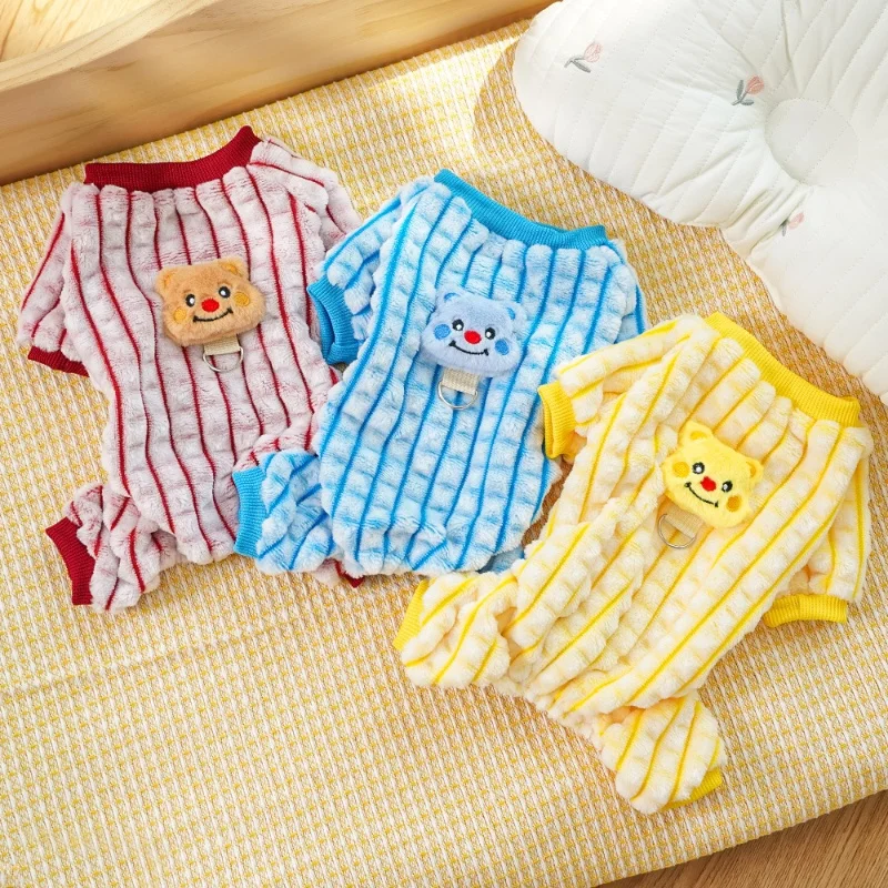 Soft Warm Fleece Dog Pajamas for Small Dog Winter Dog Clothes Cute Striped Puppy Jumpsuit Fashion Cat Overalls Pet Dog Jumpsuits