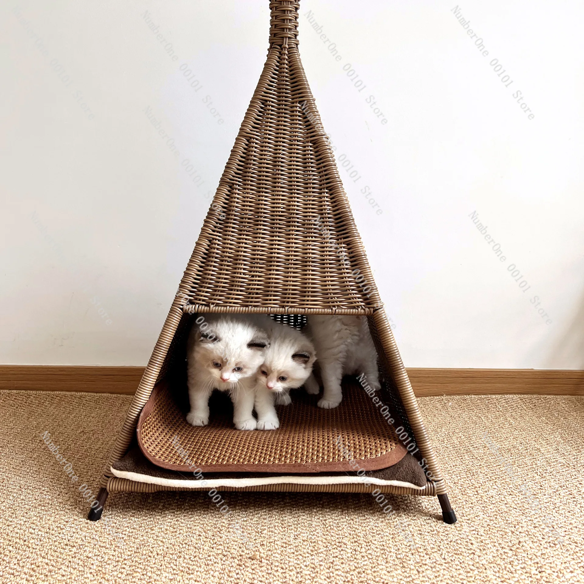 Rattan Triangular Spire Cat Nest, Cool and Breathable for Summer, with Cotton Pad and Mat and Ball