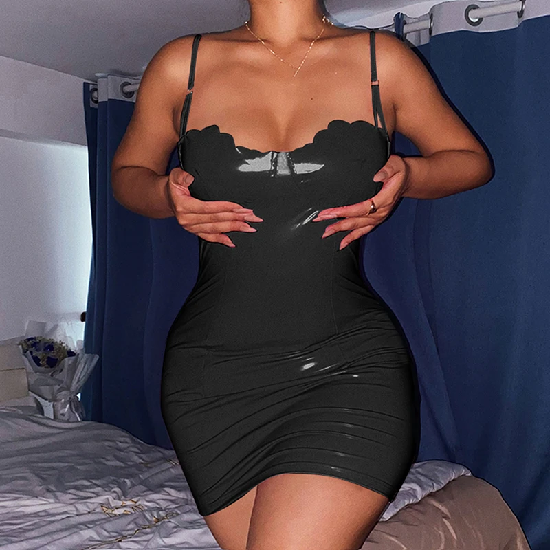 Letnie seksowne sukienki HOT Summer Women Sexy Patent Leather Zipper Up Skinny Solid Short Mini Dress Size S M L