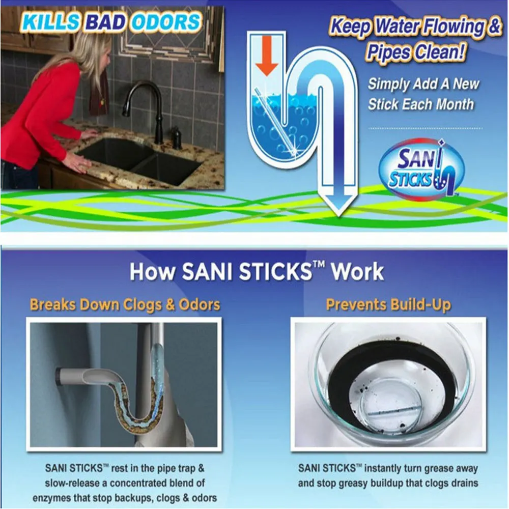 12/set Sani Sticks Oil Decontamination Kitchen Toilet Bathtub Drain Cleaner Spot Pipe Cleaner Clean Sewer Cleaning Rod