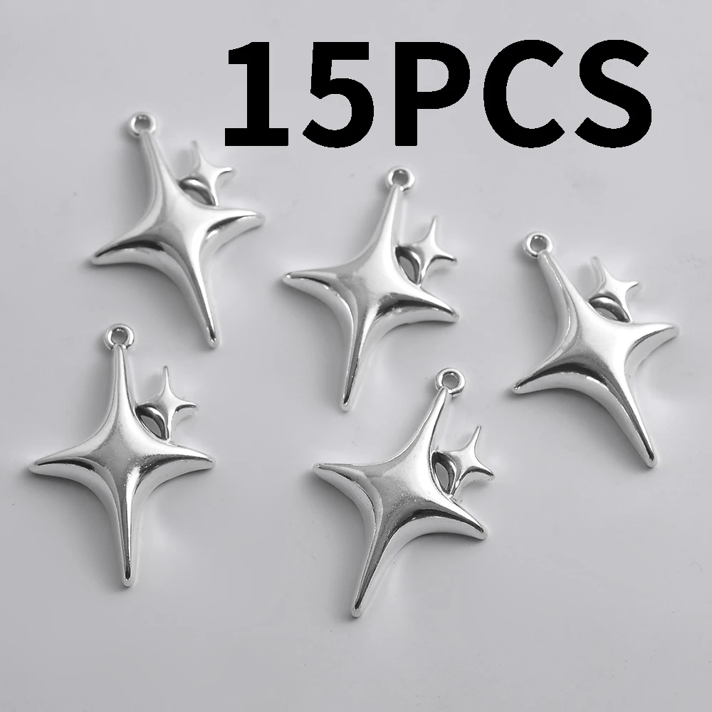 15-Piece Set of Glossy Double Star Pendants, Featuring a Combination of Large and Small Three-Dimensional Four-Pointed Star Shapes, Suitable for DIY Bracelets, Earrings, Necklaces, and Minimalist Niche Handmade Beading Accessories