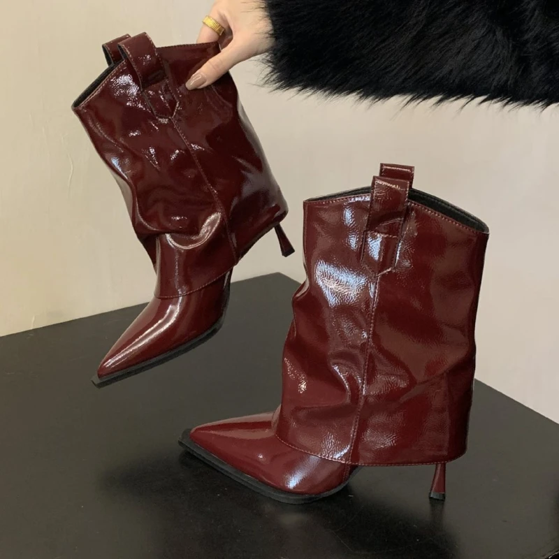 

Sexy Thin Heels Ankle Boots Women Patent Leather Fashion Pointed Toe Short Boots Ladies New Modern Designer Brand Women Boots
