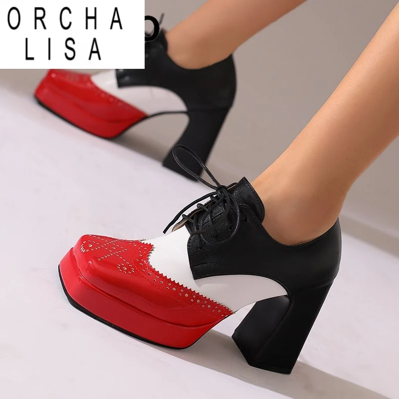

ORCHA LISA Женские туфли-лодочки с квадратным носком на блочном каблуке 9,5 см, платформа 2,5 см, шнуровка, разноцветные, большой размер 46 47 48, модная обувь для свиданий