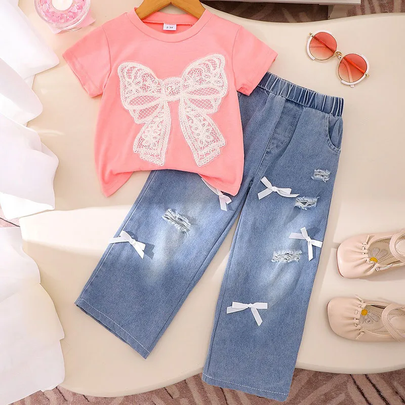 

2Piece Summer Baby Clothes Girls Outfit Sets Korean Fashion Mesh Bow Short Sleeve Cotton Tops+Jeans Kids Boutique Clothing B134