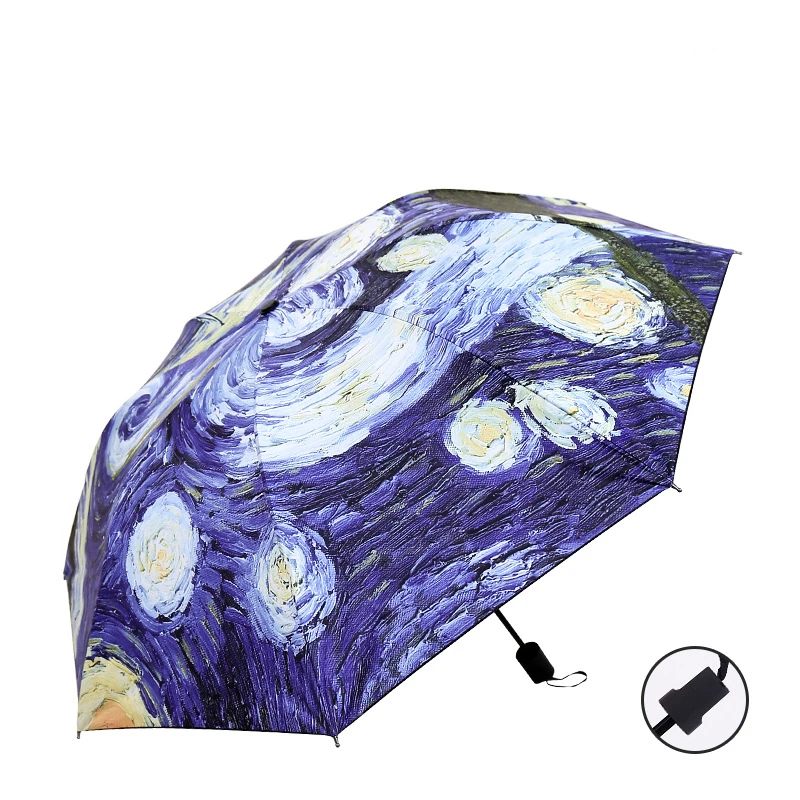 High  Quality Folding Umbrella Female Windproof Paraguas Van Gogh Oil Painting Umbrella Rain Women Black Coating Parasol