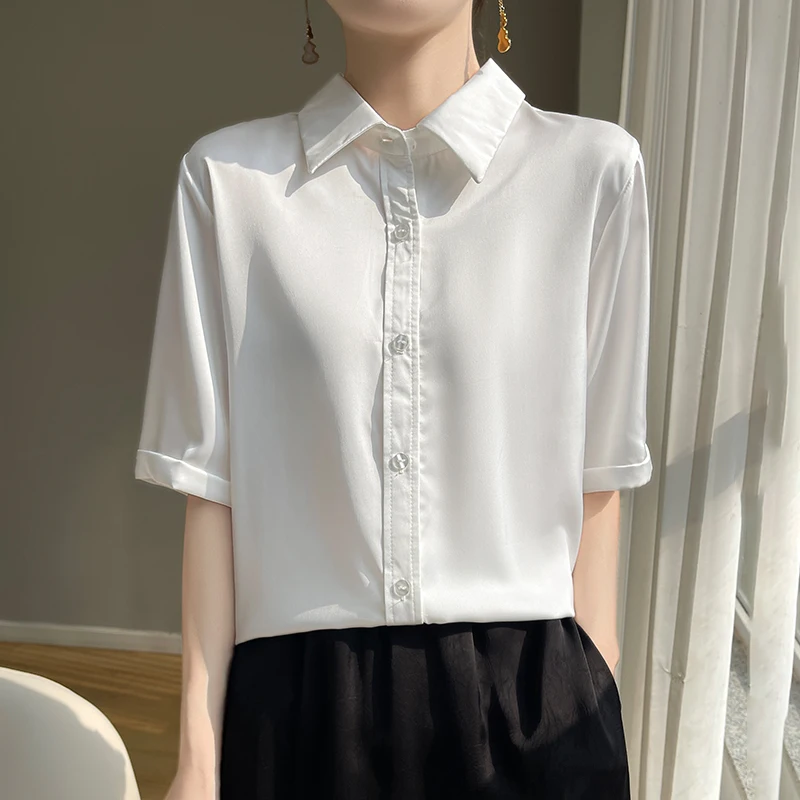 

Spring Summer Women Turn-down Collar Silk T-Shirt Fashion Loose Casual Half Sleeve Tops Elegant Tees Solid-Color Quality Clothe