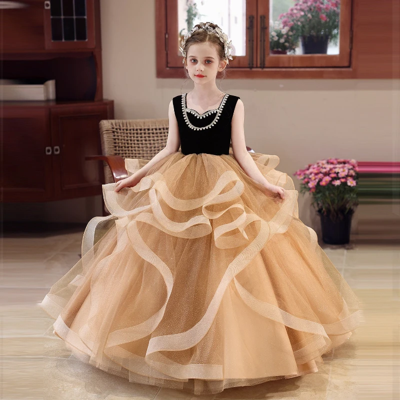Children Girls Black Yellow Kids Birthday Princess Dress Host Piano Performance Clothes Patchwork Long Sleeveless Evening Gown