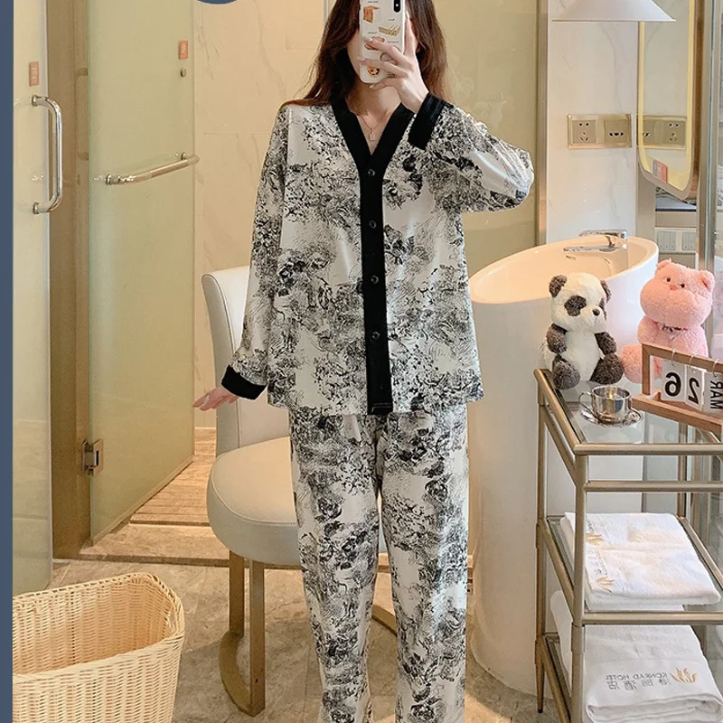 Two-Piece Women\'s Pajamas  Spring And Fall Models Cardigan Long-Sleeved Pants Cute Girl Models Casual Comfortable Homewear Suit