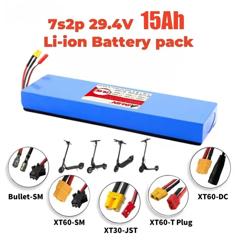 15Ah 7S2P High-Capacity 24V/29.4V 18650 Lithium Battery for  Bicycle Scooter, with BMS & Shockproof Cotton,  29.4V Battery Pack