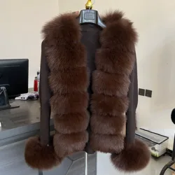 HU QIU MEI SI Women Real fox fur Knitted cardigan Woolen sweater with real fox fur collar and raccoon fur collar cardigan