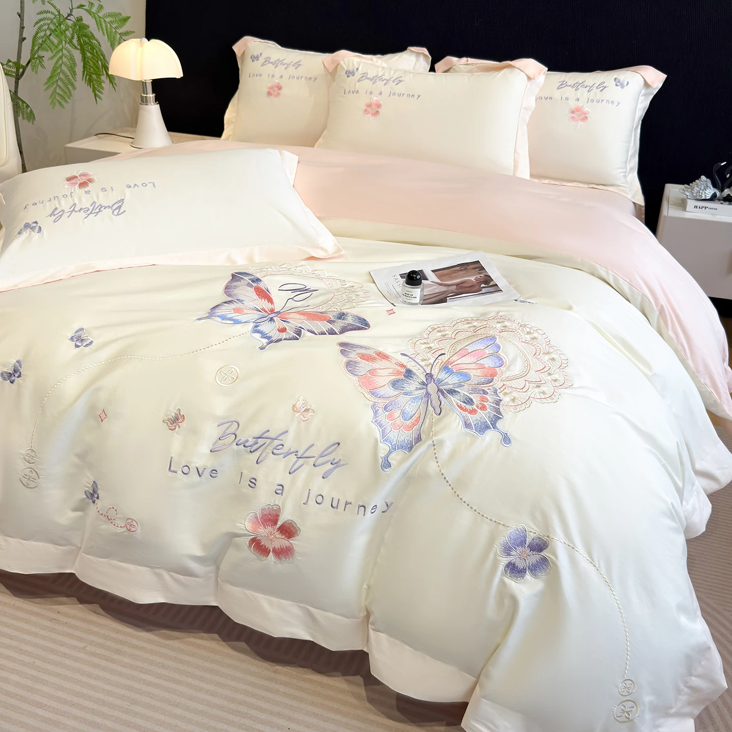 Butterfly Embroidery Bedding Set Luxury White Pink Egyptian Cotton Quilt/Duvet Cover Fitted Bed Sheet Pillowcases Home Textile
