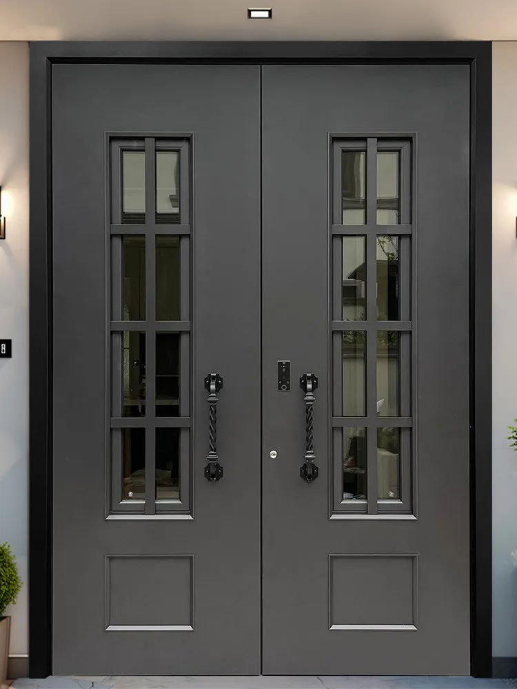 

Двустворчатые входные двери для виллы на заказ, изысканно резные, из литого алюминия, для двора, с системой «главная-вспомогательная»