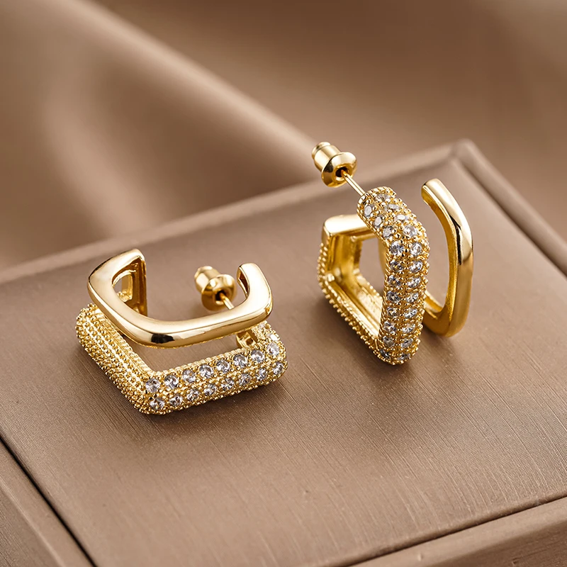Huitan Square C Hoop Earrings for Women Paved Sparkling CZ Double Layer Geometric Circle Earrings Daily Party Statement Jewelry