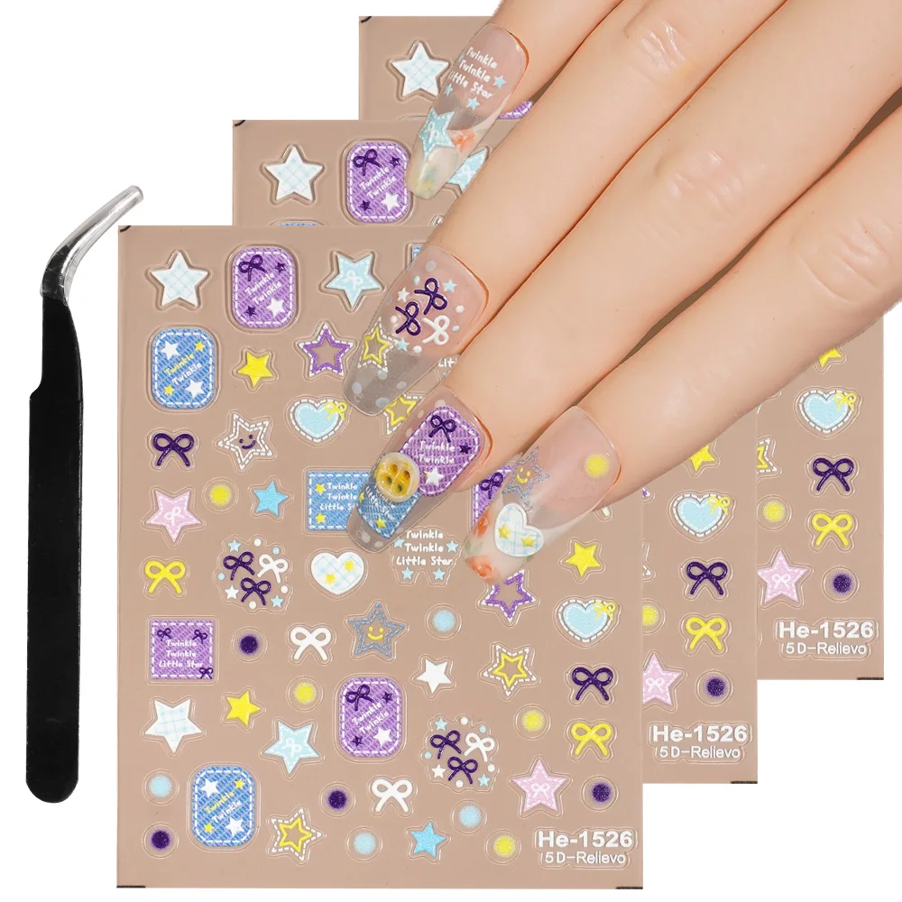 

1/5/10pcs 5D Embossed Bow Star Heart Nail Stickers Cute Sweet Fairy Tale Style Nail Decals for Women DIY Manicure Decorations
