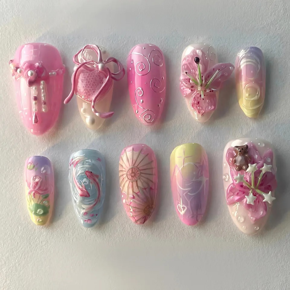 24 piezas de uñas postizas de verano en forma de almendra con flores, tortugas y estrellas de mar, longitud media, cubierta completa, coloridas, desmontables 4