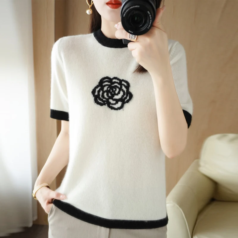 Spring/Summer New High-End Women\'s Pullover Patchwork Color Camellia Embroidery Fashion Short-Sleeved T-Shirt Knitted Top