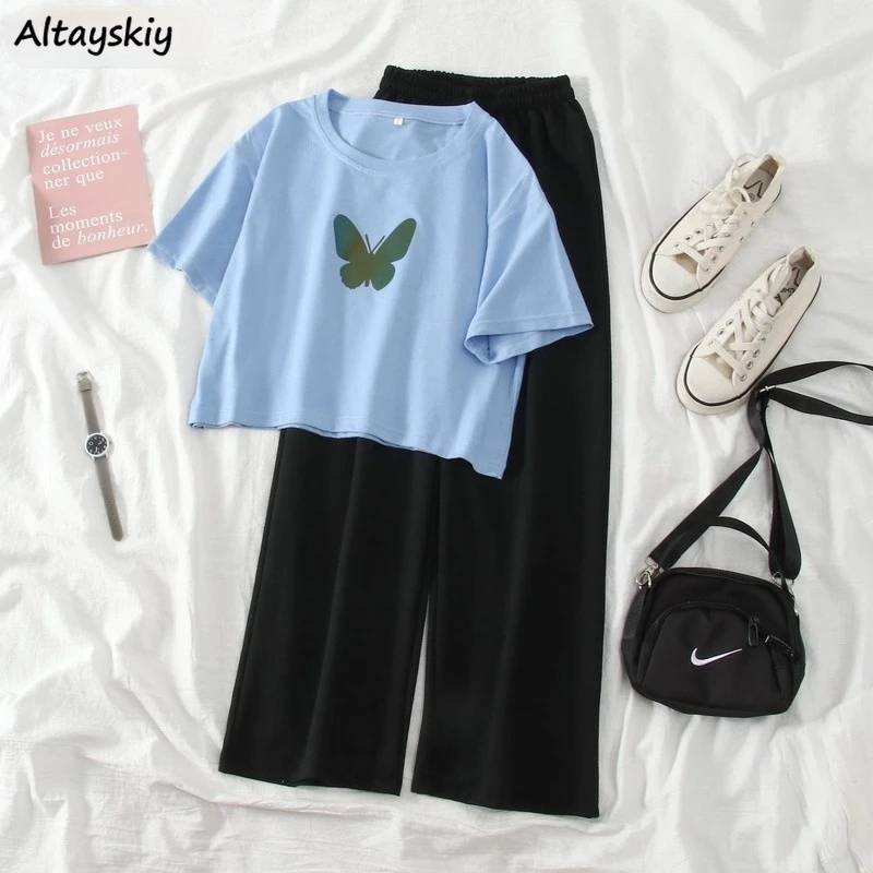 

Women Sets Butterfly Print Short Sleeve T-shirts Solid Elastic Waist Wide Leg Pants Casual Cute Sweet Korean Style Streetwear