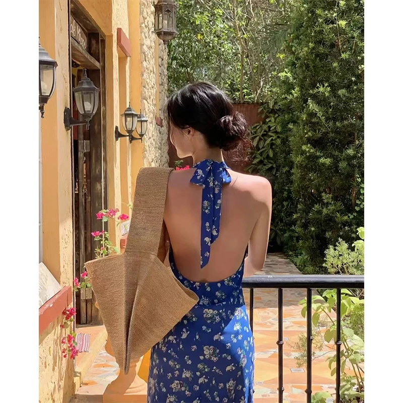 Vintage Floral Midi Dress Women Boho Vacation Beach Sexy Backless Bandage Dresses Summer Elegant Korean V Neck Bodycon Vestidos