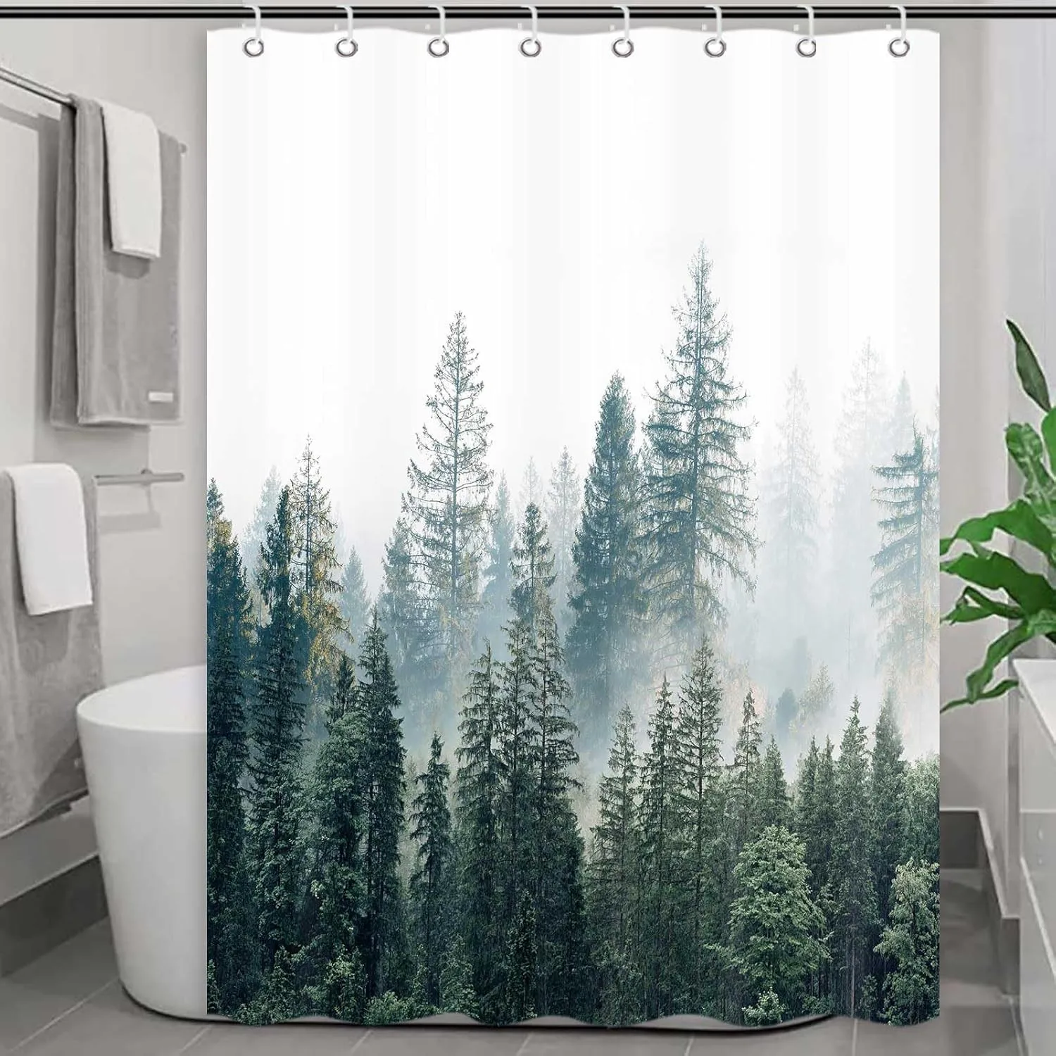 

Misty Forest Trees Shower Curtain Machine Washable All Season Waterproof Privacy Protection 2D Print Nature Design Zen 12 hooks