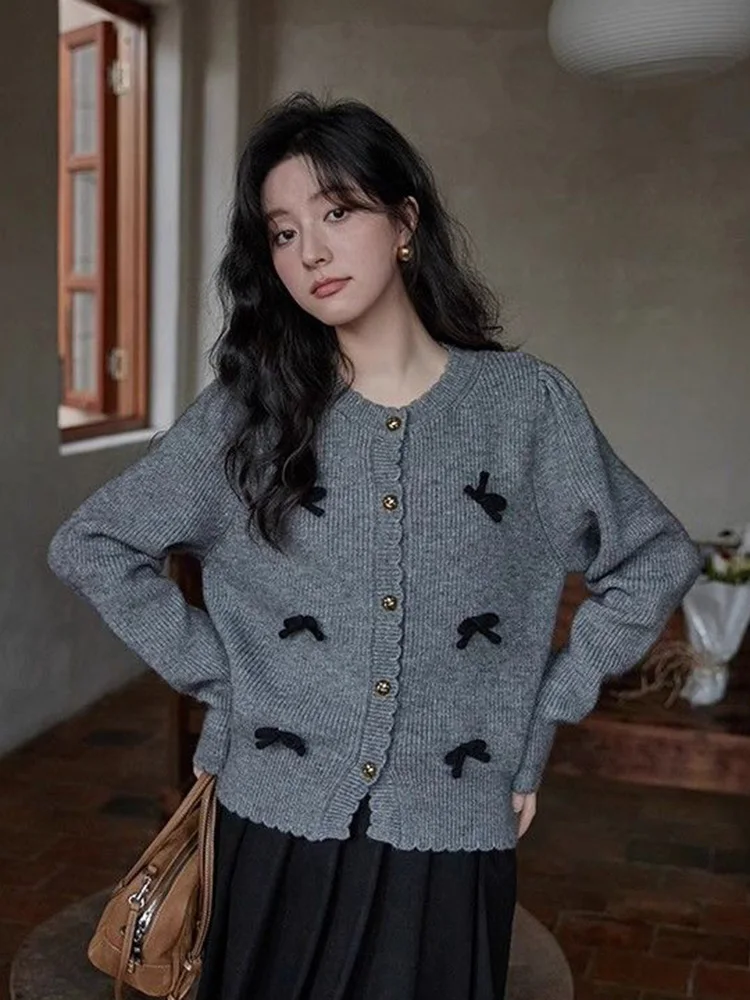 Jmprs Vintage Bow Grey Cardigan Sweaters Women Casual Sweet Preppy Style Knitted Coats Long Sleeve Design Japan Retro Lady Tops