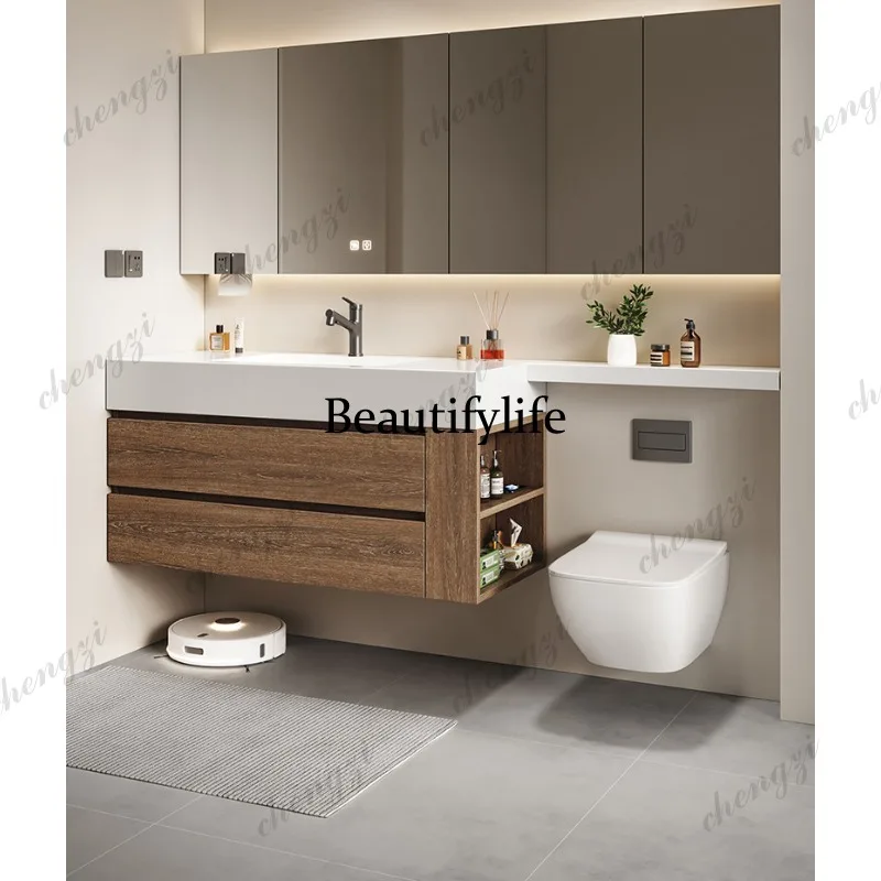Bathroom Cabinet Combination Walnut Slate Seamless Ceramic Integrated Basin Toilet Extension Strip