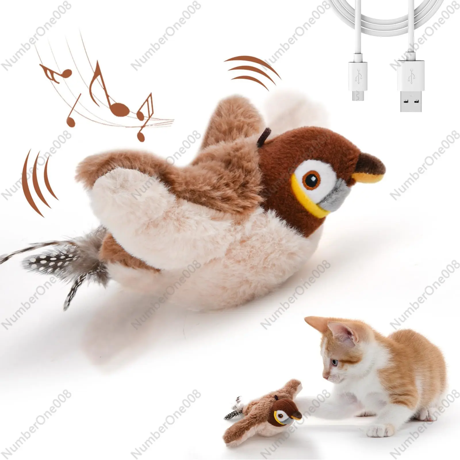 Interactive Cat Toy,USB Rechargeable Flying Bird Cat Toy with Lifelike Chirping,Touch Activated Catnip Toys for Kitty Exercise