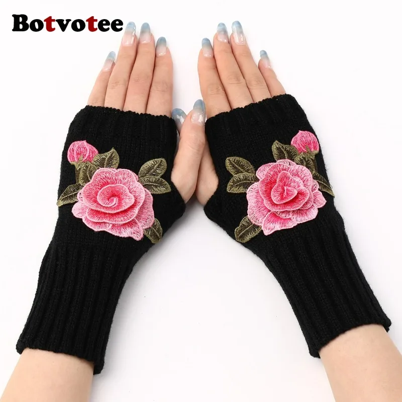 

Botvotee Y2k аксессуары, грелки для рук, рукава для женщин, модные цветочные вязаные зимние перчатки с половиной пальца, черные перчатки без пальцев