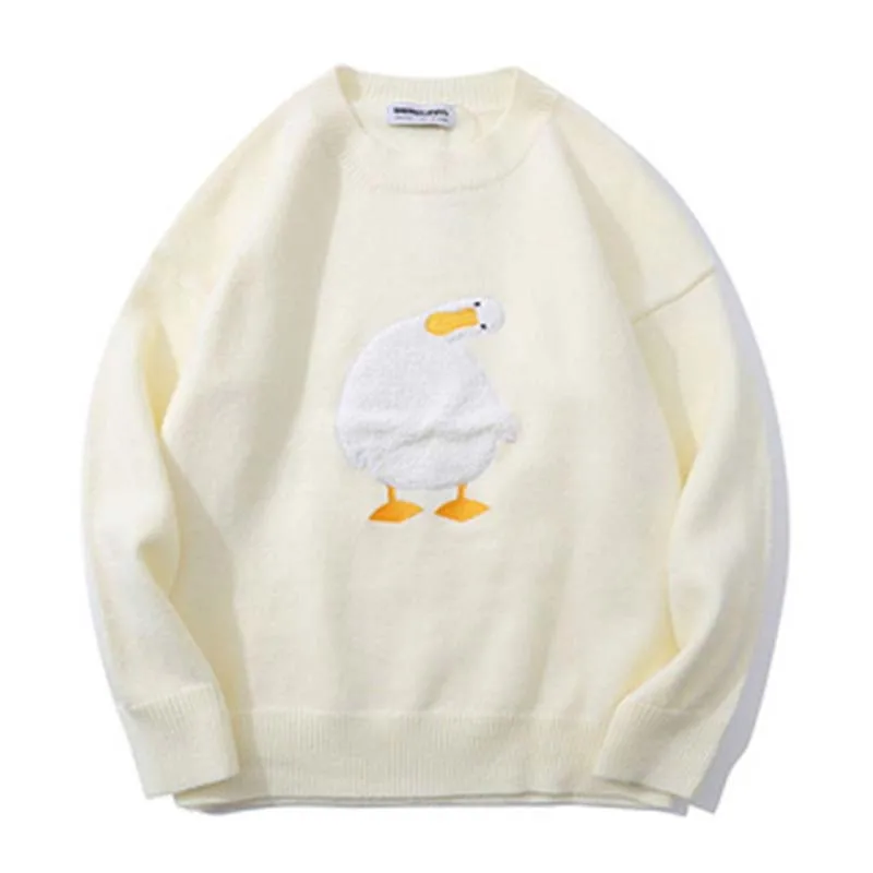 Hip Hop Oversized Sweater Men Retro Cartoon Duck Goose Embroidery Jumper Mens Harajuku Winter Knitted Pullover Streetwear Couple