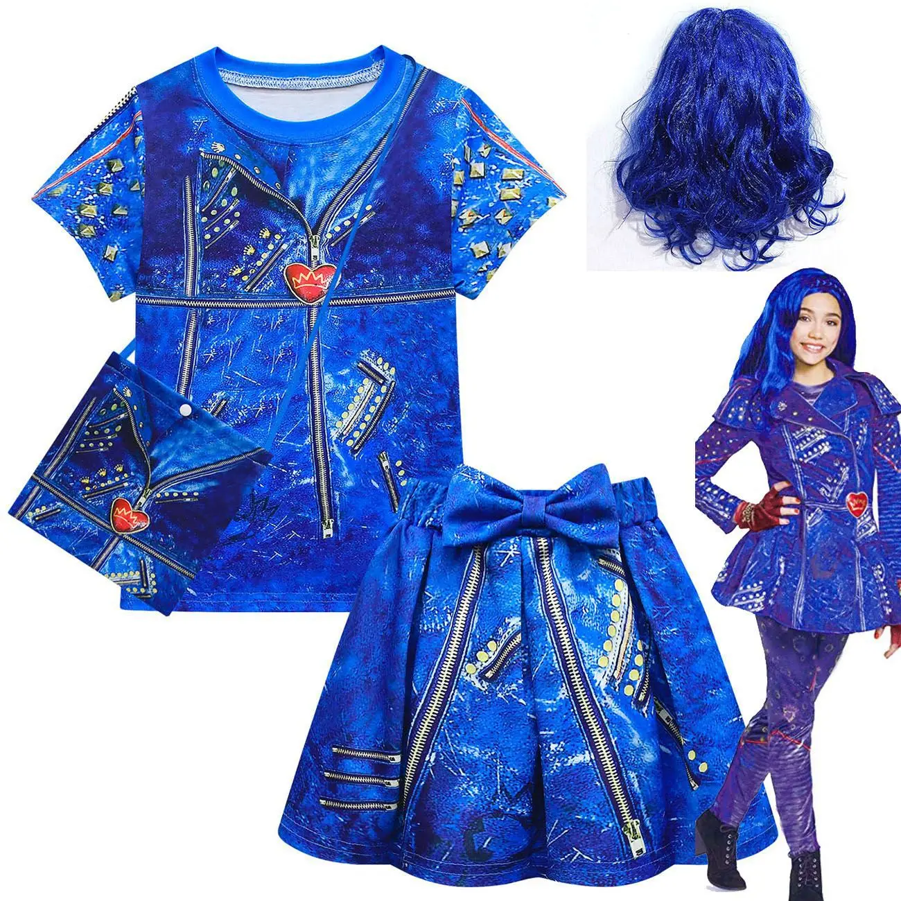 Kids Clothes Girls Movie Descendants 3 Mal Evie Cosplay Costume Short Sleeve Tshirt and Skirt Bag Wig Children Birthday Clothing