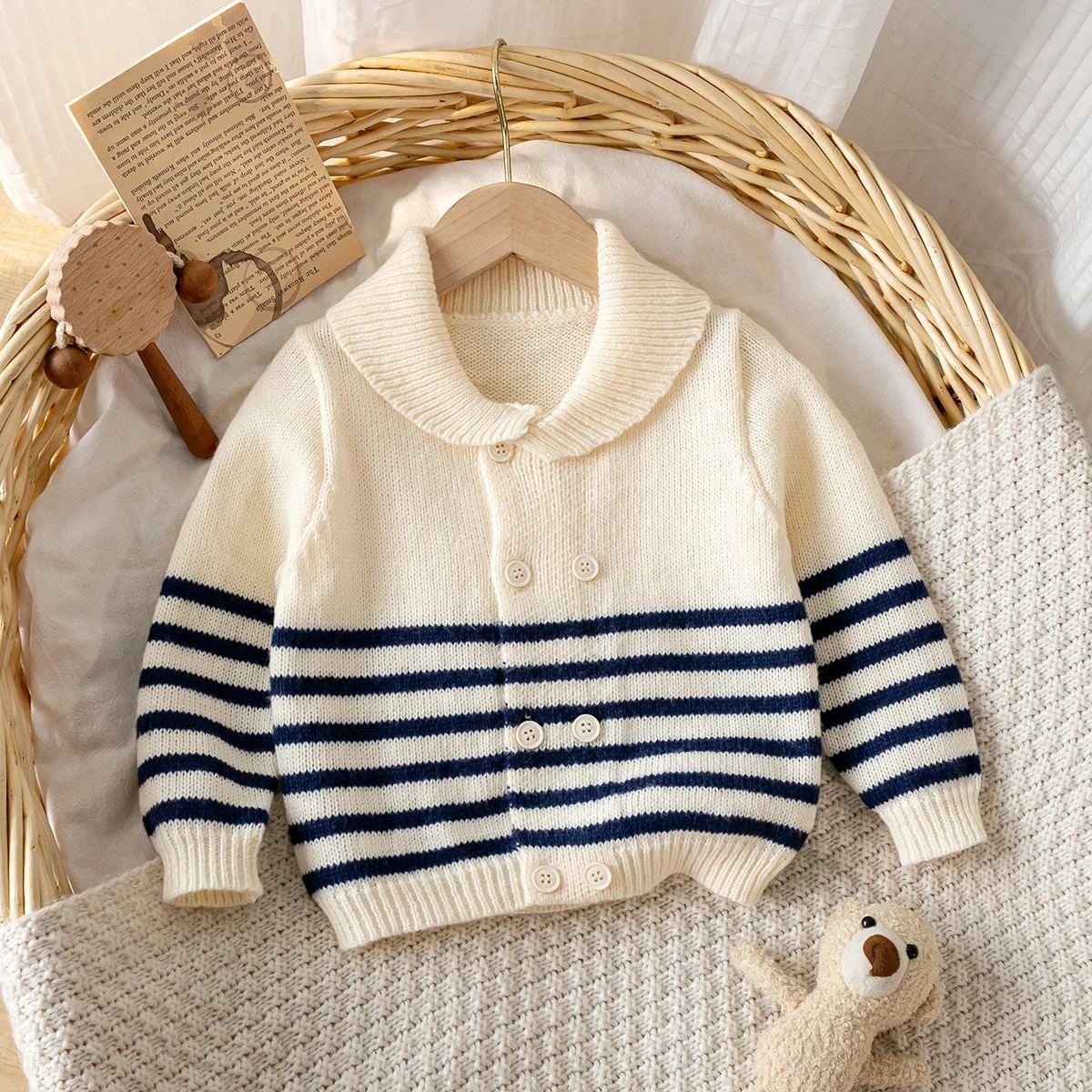 Baby collar long sleeved sweater knitted striped double breasted cardigan for daily leisure in spring, autumn, and winter