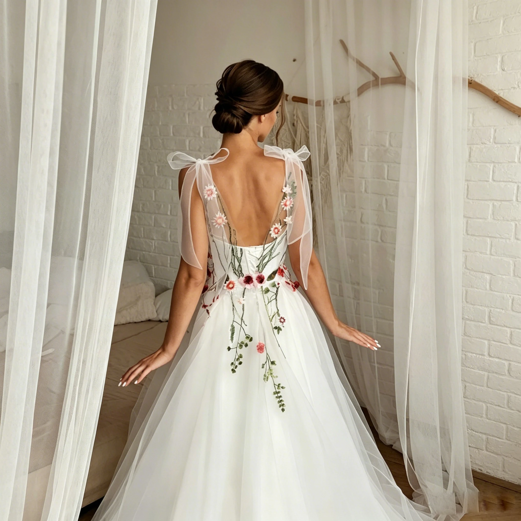 LSYX Maßgeschneiderte bestickte bunte Brautkleider, herzförmiges, rückenfreies Brautkleid, Schnürung, feenhaftes böhmisches Hochzeitskleid