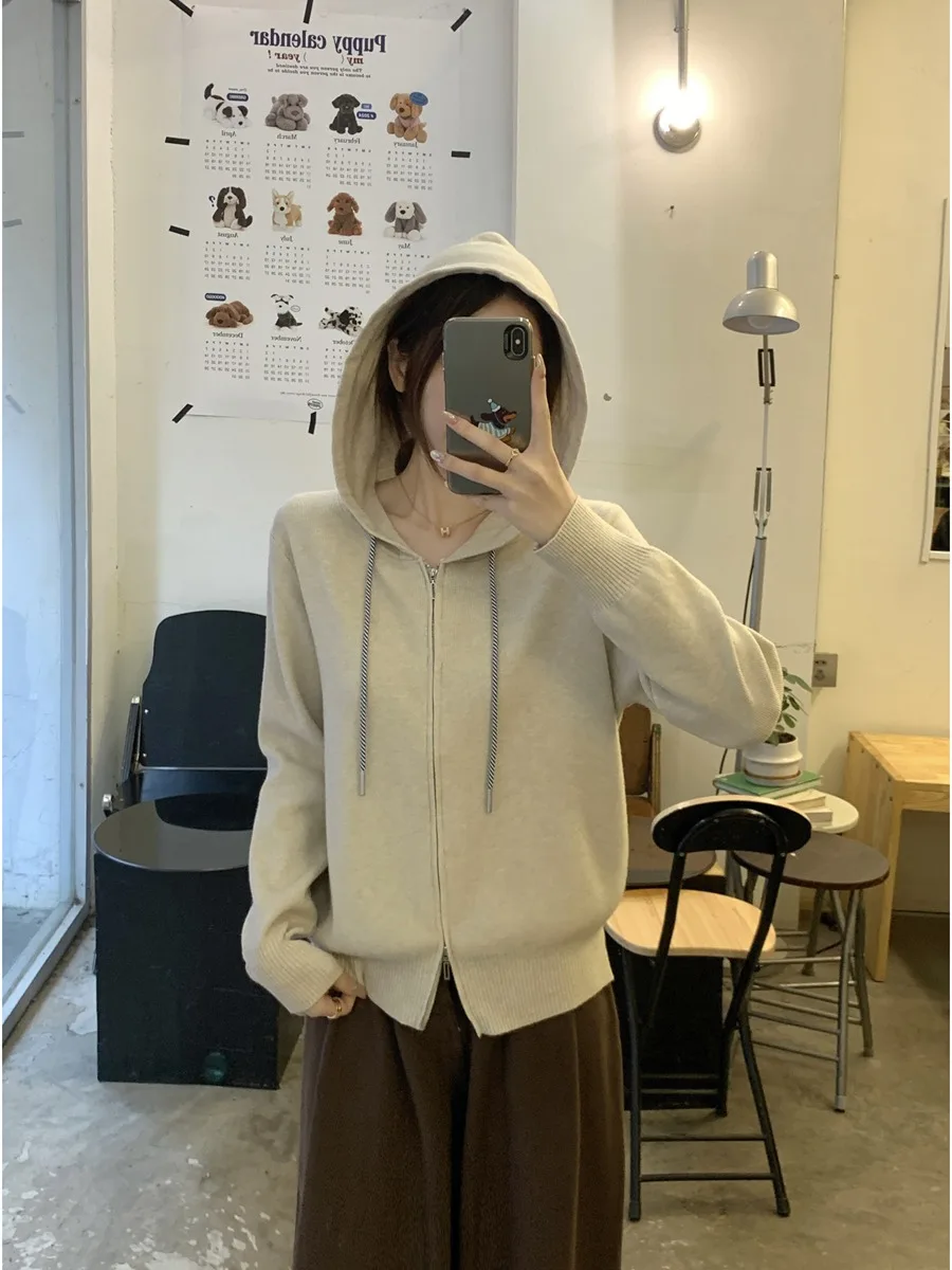 Inverno 2025 novo coreano sle solto ajuste zíper com capuz andy fce malha cardigan camisola jaet feminino faion casual wear