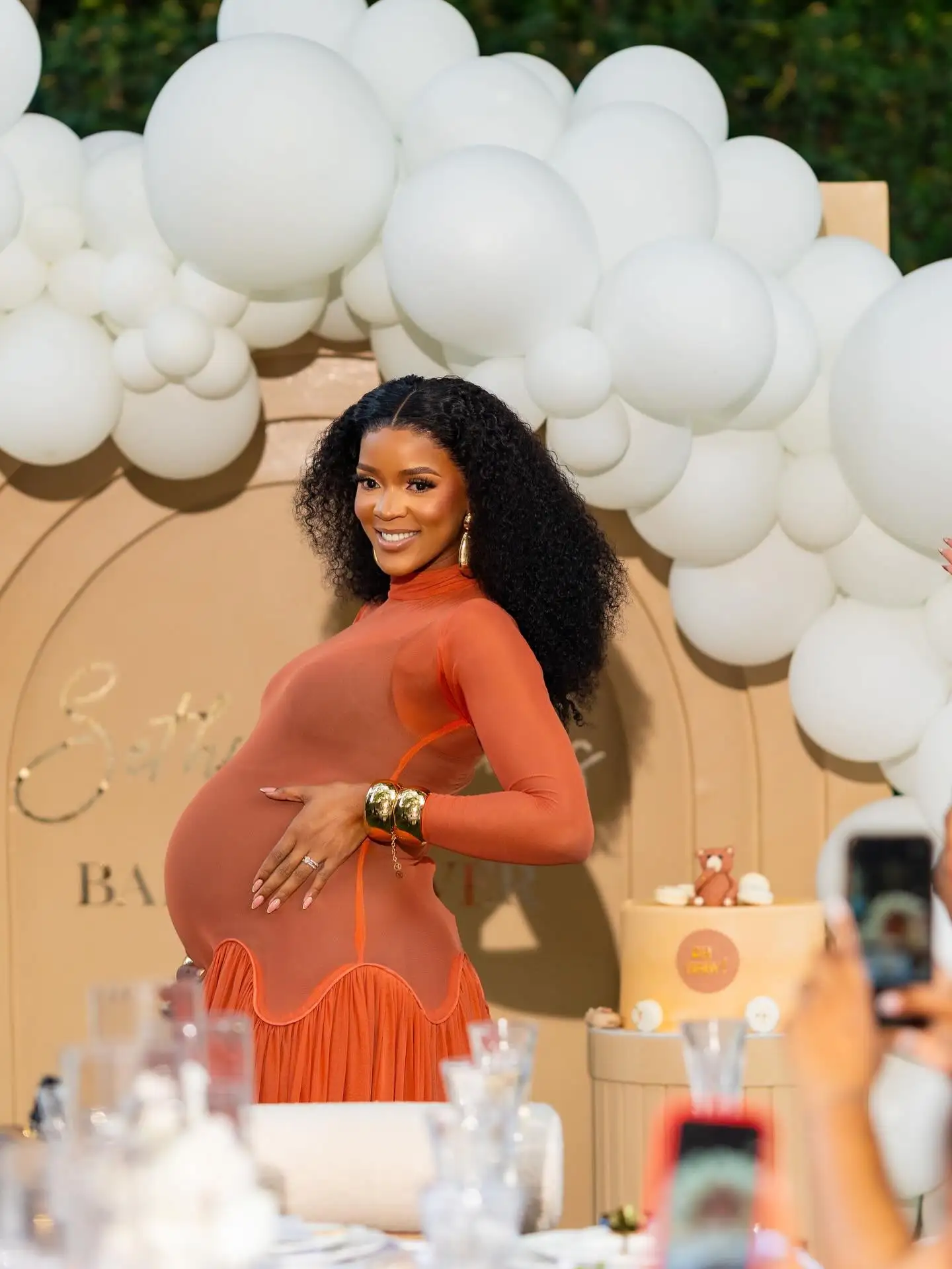 Orange‑Red Maternity Evening Gown with Sheer Mesh Overlay, Wave Waist & Flowing Chiffon Pleated Skirt – Summer Party Dress 2026