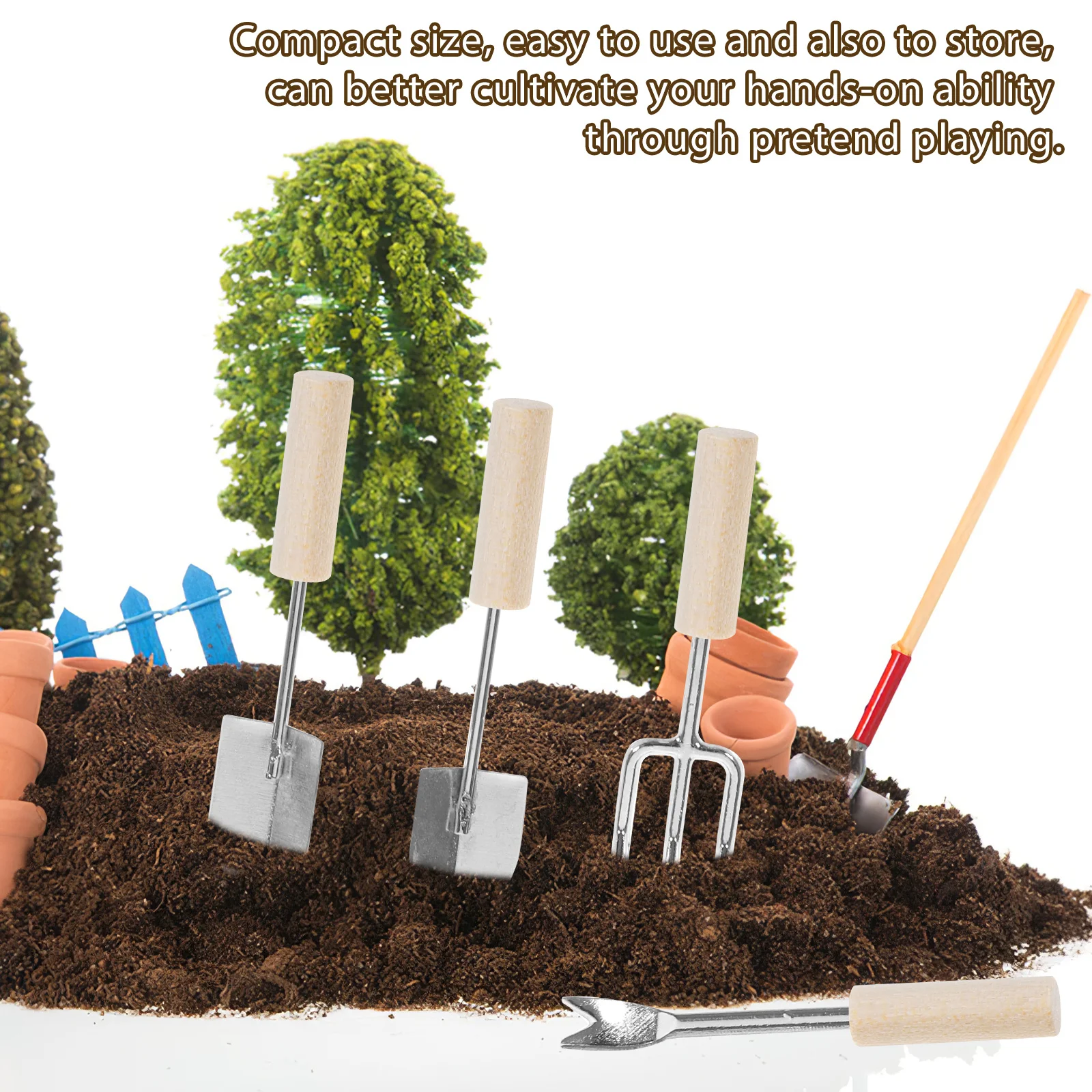 ชุดเครื่องมือทำสวนจิ๋ว 4 ชิ้น ทำจากโลหะผสมสังกะสีและไม้ สำหรับอุปกรณ์ตกแต่งสวนจิ๋วและบ้านจิ๋ว