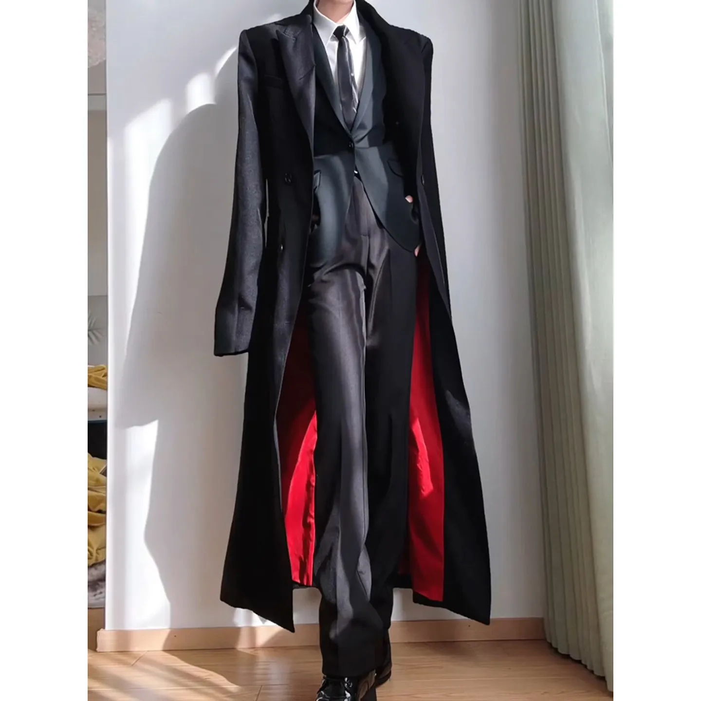 Black Red Inner Collar Mid-Length Coat Suit Set Adult Formal Dress COS Unisex Western Style Outerwear Long Sleeve Cotton 