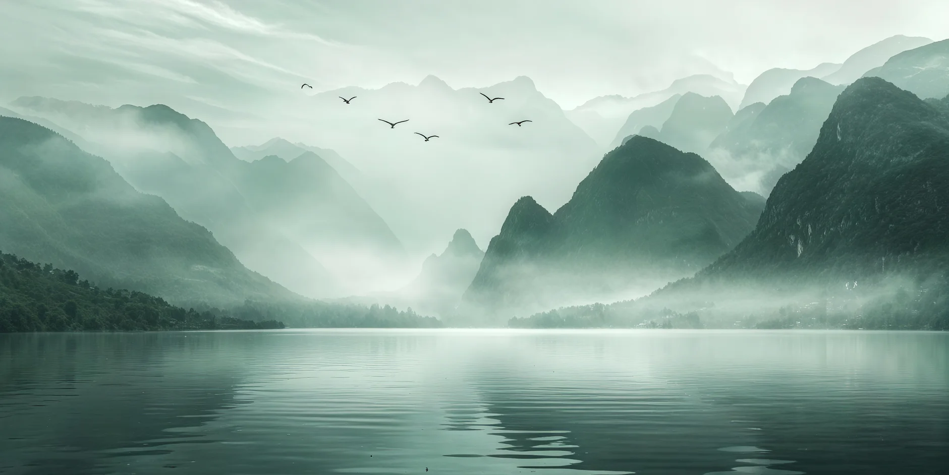 

Фотообои на заказ: пейзаж с снежными горами, сосновым лесом, летящими птицами и туманным лесом, 3D-эффект, для декора дома