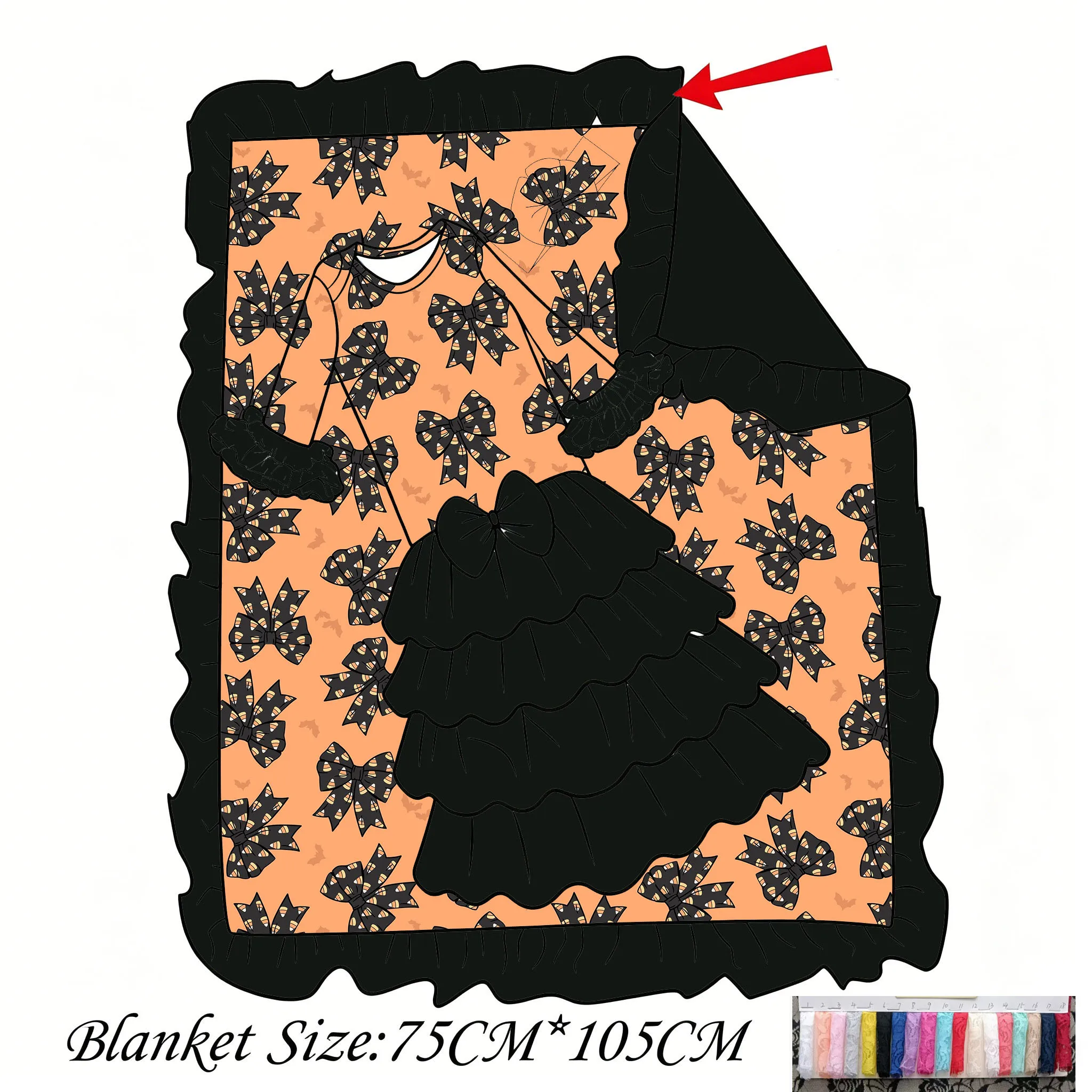 Halloween Print Baby Girl Lace Mesh Cuffs and Hem Long Sleeves and Pants Romper Matching Blanket Two-Piece Set