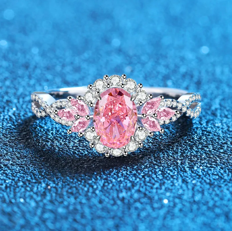 

Luxury Solid Platinum PT950 Women's egg-shaped pink diamond 5*7mm moissanite diamond ring