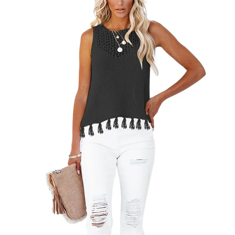 2026 Summer Cross-border New European and American Women's Round-neck Fashionable Handcrafted Tassel Cutout Vest Knitted Sweater