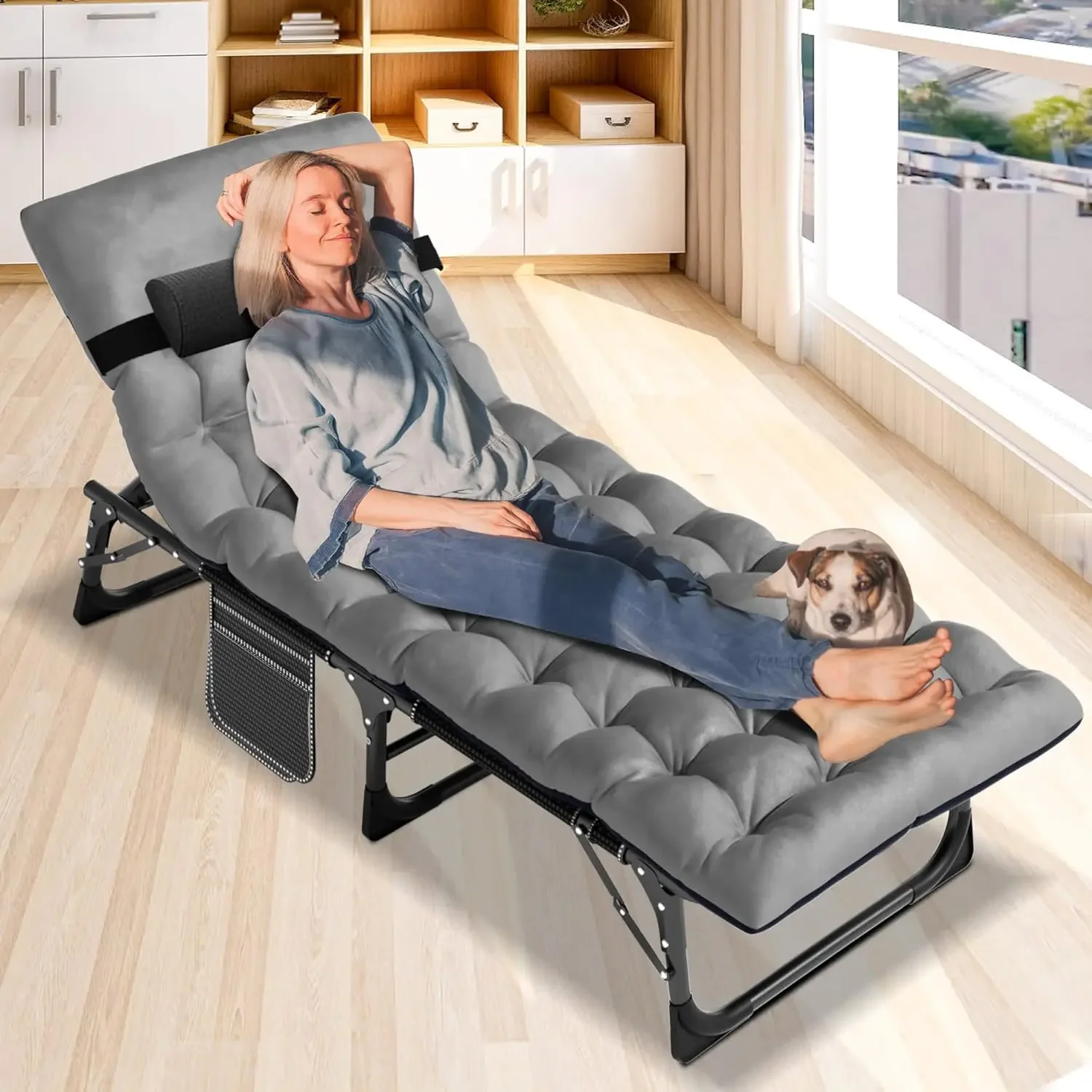 Outdoor Folding Chaise   Chair with Thick Mattress 5 Position Adjus  Reclining Patio Poolside Sunbathing Recliner Chair