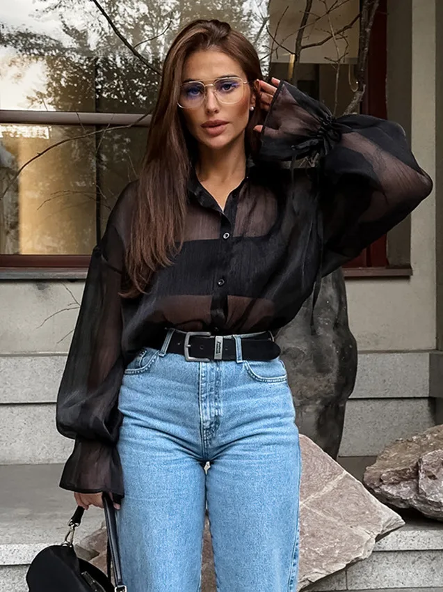 

Женская модная повседневная одежда Bla Me irt See-through Design Long Sve Regular Fit, изготовлена из других материалов